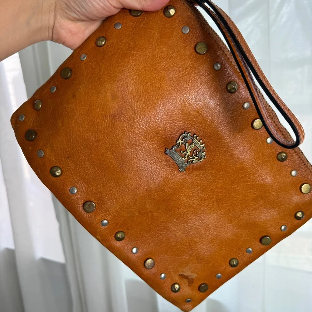 Pratesi Firenze Italian Leather Studded Pouch Bag Cognac Made in Italy - Picture 12 of 12